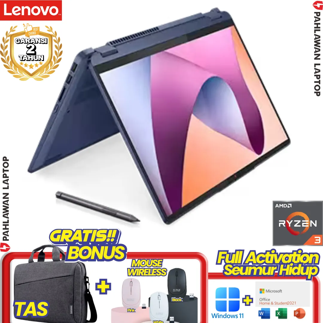 Laptop LENOVO FLEX 5-AHID Flip TouchScreen Ryzen 3 7330U RAM 8 GB SSD 512 GB Stone Blue GARANSI 2 Tahun