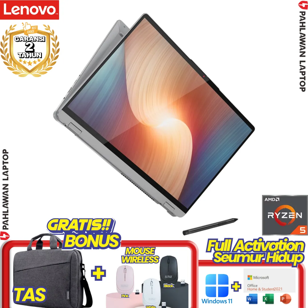 Laptop LENOVO FLEX 5-2WID Flip TouchScreen Ryzen 5 7530U RAM 16 GB SSD 512 GB Arctic Grey GARANSI 2 Tahun
