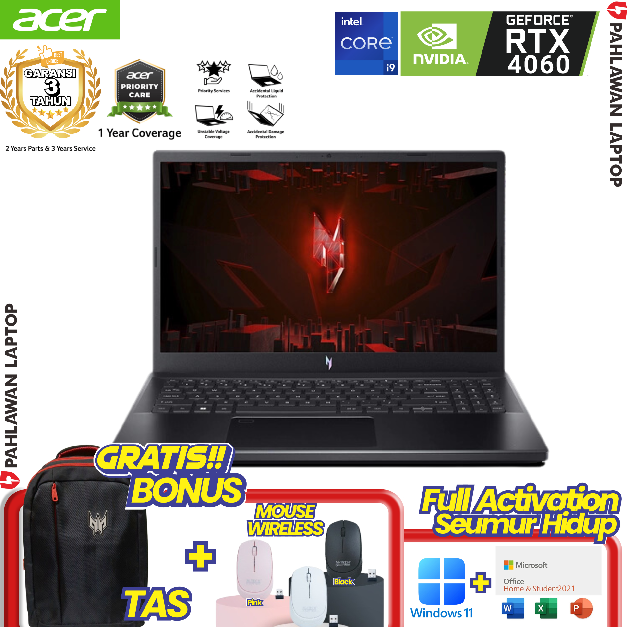 Laptop ACER NITRO V 15-901S Gaming Black - Core i9-13900H RAM 16GB SSD 512GB VGA NVIDIA RTX4060 GARANSI 2 Tahun