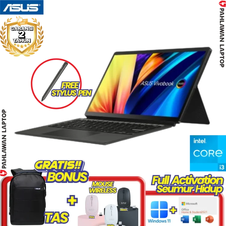 ASUS VivoBook 13 Slate T3300KA-OLED621 2 in 1 Tablet TouchScreen Core i3-N305 RAM 8 GB SSD 256 GB Black GARANSI 2 Tahun