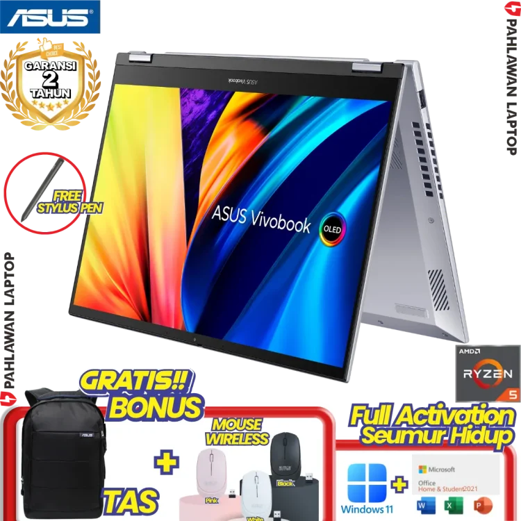 ASUS VivoBook S 14 Flip TN3402YA-VIPS554 TouchScreen Ryzen 5 7530 RAM 16 GB SSD 512GB Cool Silver GARANSI 2 Tahun