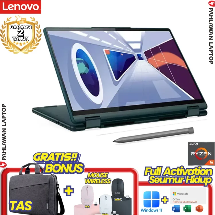 Laptop LENOVO YOGA 6-1PID Flip TouchScreen 100% sRGB Ryzen 5 7530U RAM 16 GB SSD 512 GB Dark Teal Metal GARANSI 2 Tahun
