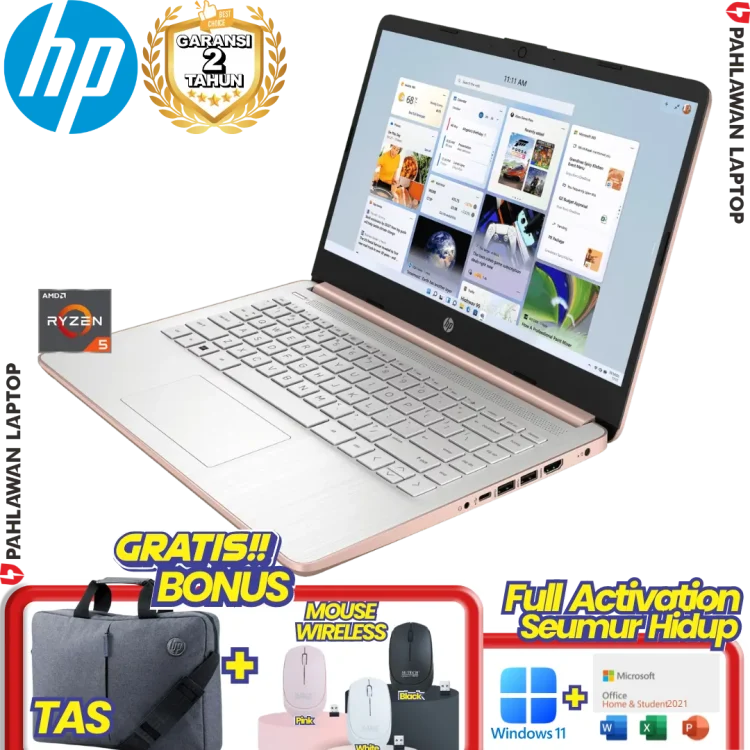 Laptop HP 14S-FQ1136AU Ryzen 5 5500U RAM 8GB SSD 512 GB Gold GARANSI 2 Tahun