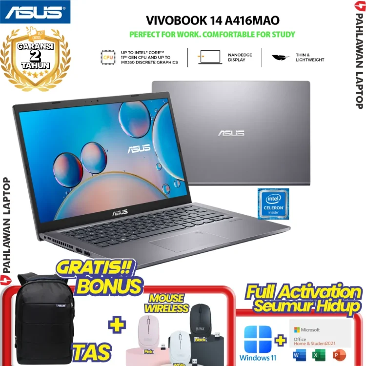 ASUS VivoBook A416MAO-FHD453 Celeron N4020 RAM 8 GB SSD 512 GB Grey GARANSI 2 Tahun