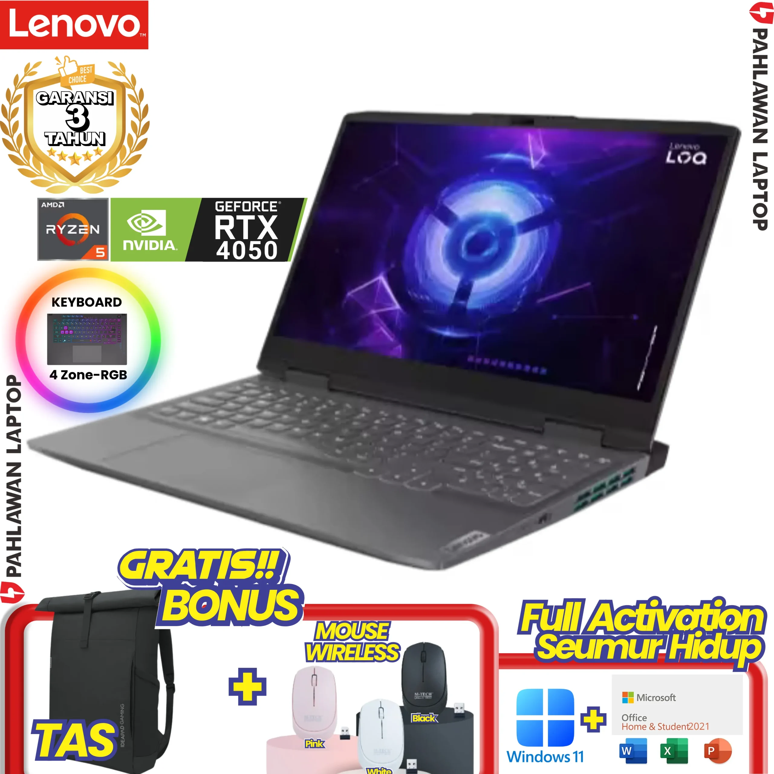 Laptop LENOVO IdeaPad Gaming LOQ 15-37ID RYZEN 5 8645HS VGA NVIDIA RTX 4050 RAM 8 GB SSD 512 GB 100%sRGB Luna Grey GARANSI 2 Tahun
