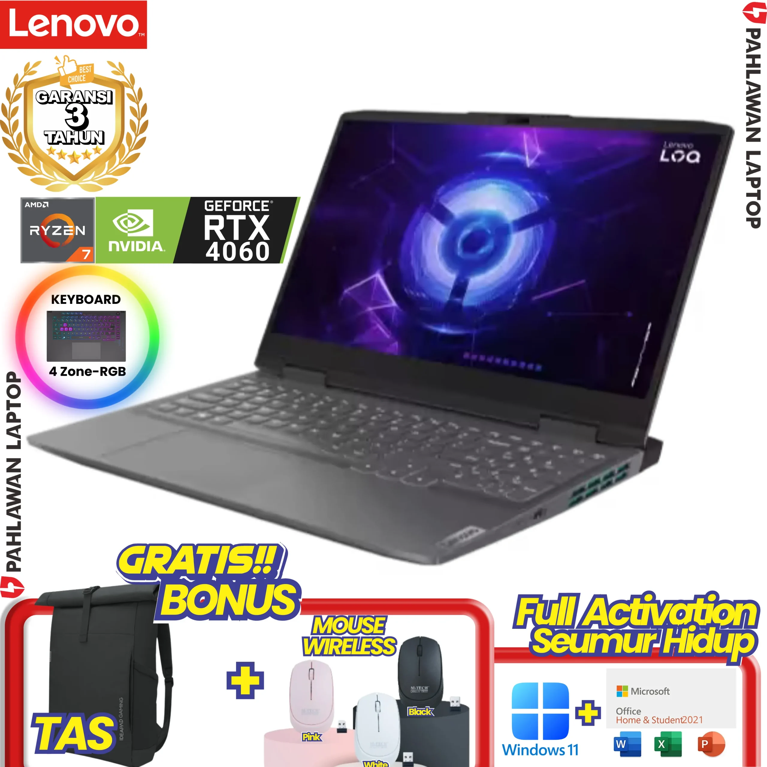 Laptop LENOVO IdeaPad Gaming LOQ 15-31YID RYZEN 7 7435HS VGA NVIDIA RTX 4060 RAM 12 GB SSD 512 GB 100%sRGB Luna Grey GARANSI 2 Tahun