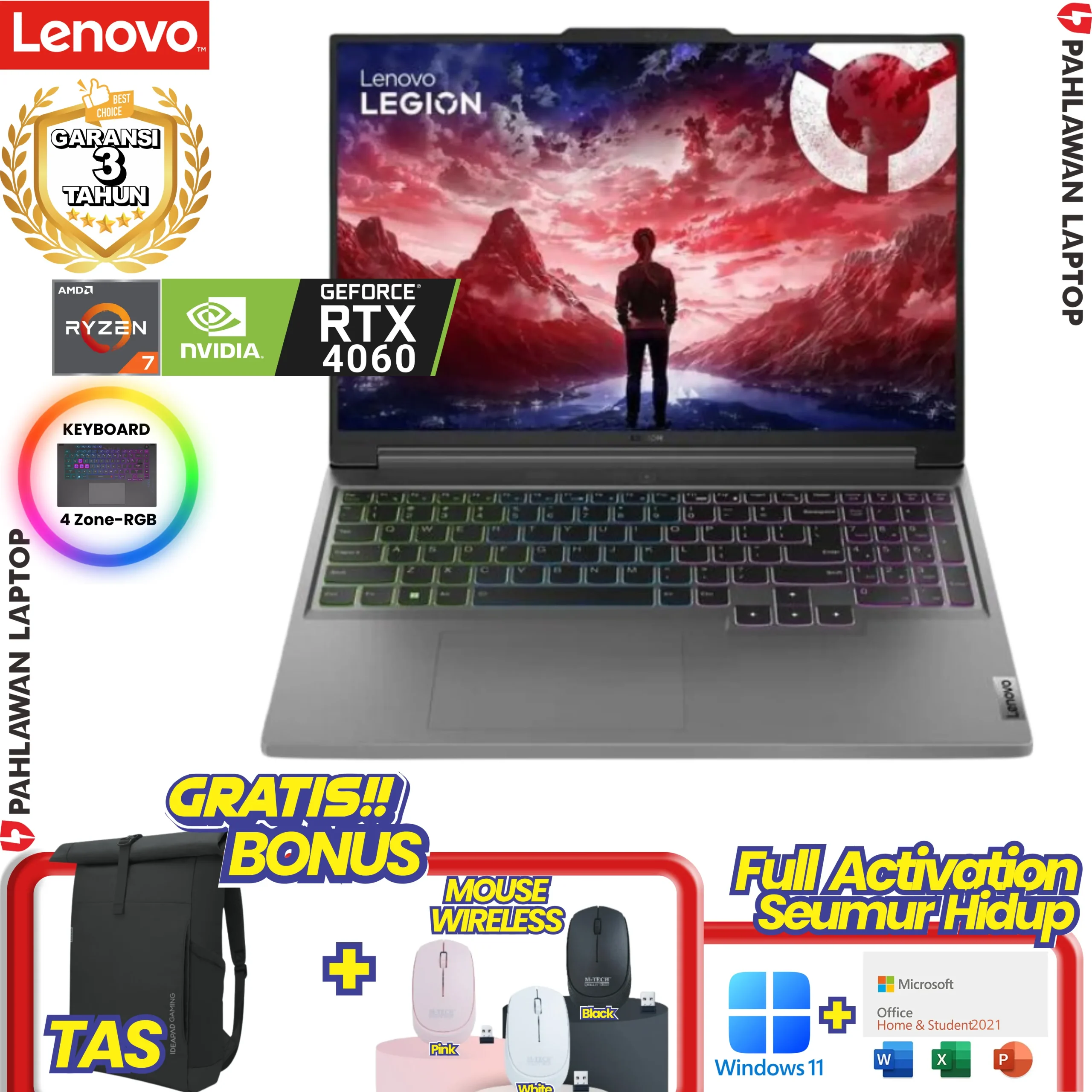 Laptop LENOVO LEGION SLIM 5-0KID RYZEN 7 8845HS VGA NVIDIA RTX 4060 RAM 16 GB SSD 512 GB Luna Grey GARANSI 3 Tahun
