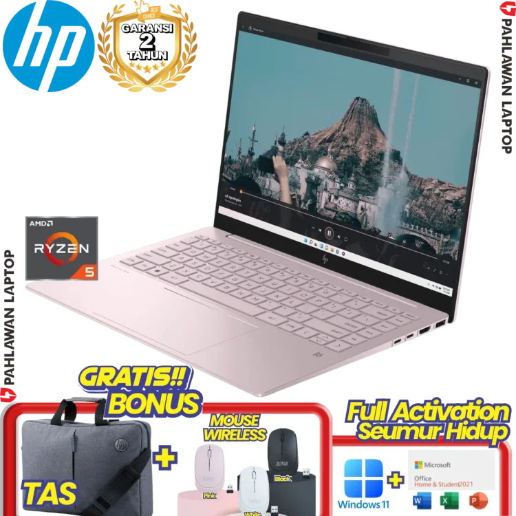 Laptop HP Pavilion Plus 14-EY0018AU Ryzen 5 7540U RAM 16 GB SSD 512 GB Pink GARANSI 2 Tahun