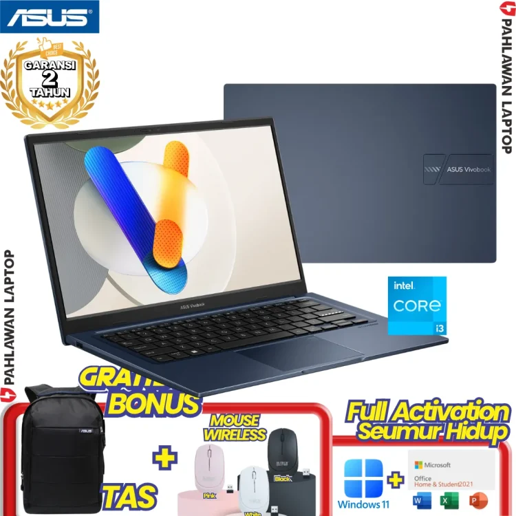 ASUS VivoBook A1404ZA-FHD321 Core i3 1215U RAM 8 GB SSD 256 GB Quiet Blue GARANSI 2 Tahun
