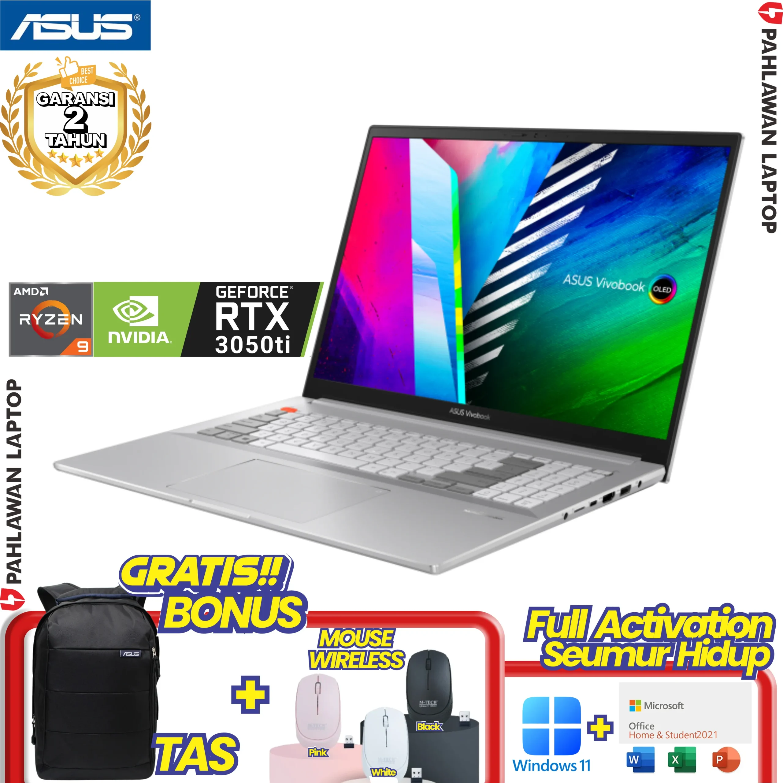 ASUS Vivobook Pro 16X OLED M7600QE-OLED914 Ryzen 9 5900HX NVIDIA RTX 3050ti Silver GARANSI 2 Tahun