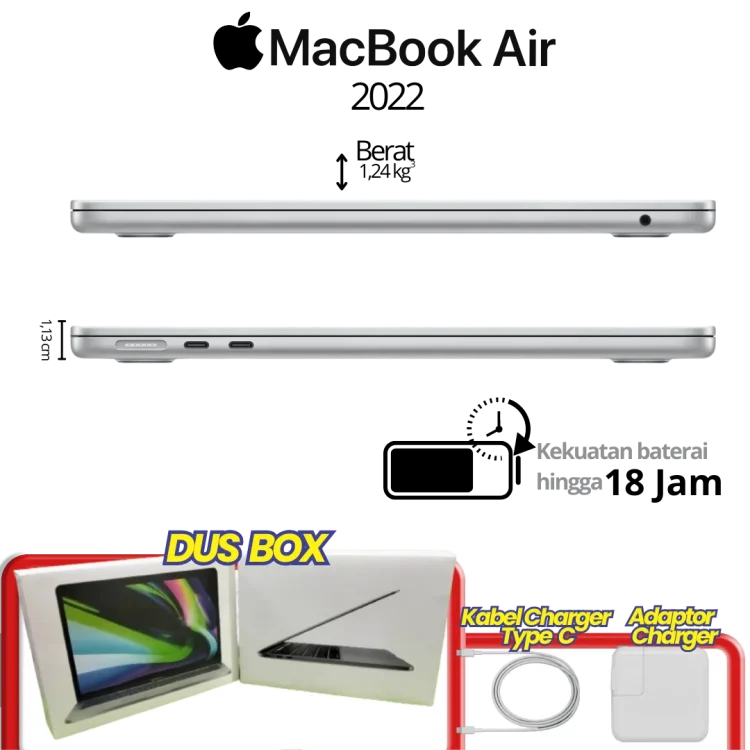 Apple MacBook Air 13 2022 Chip M2 RAM 8 GB SSD 256 GB Silver - Gambar 4